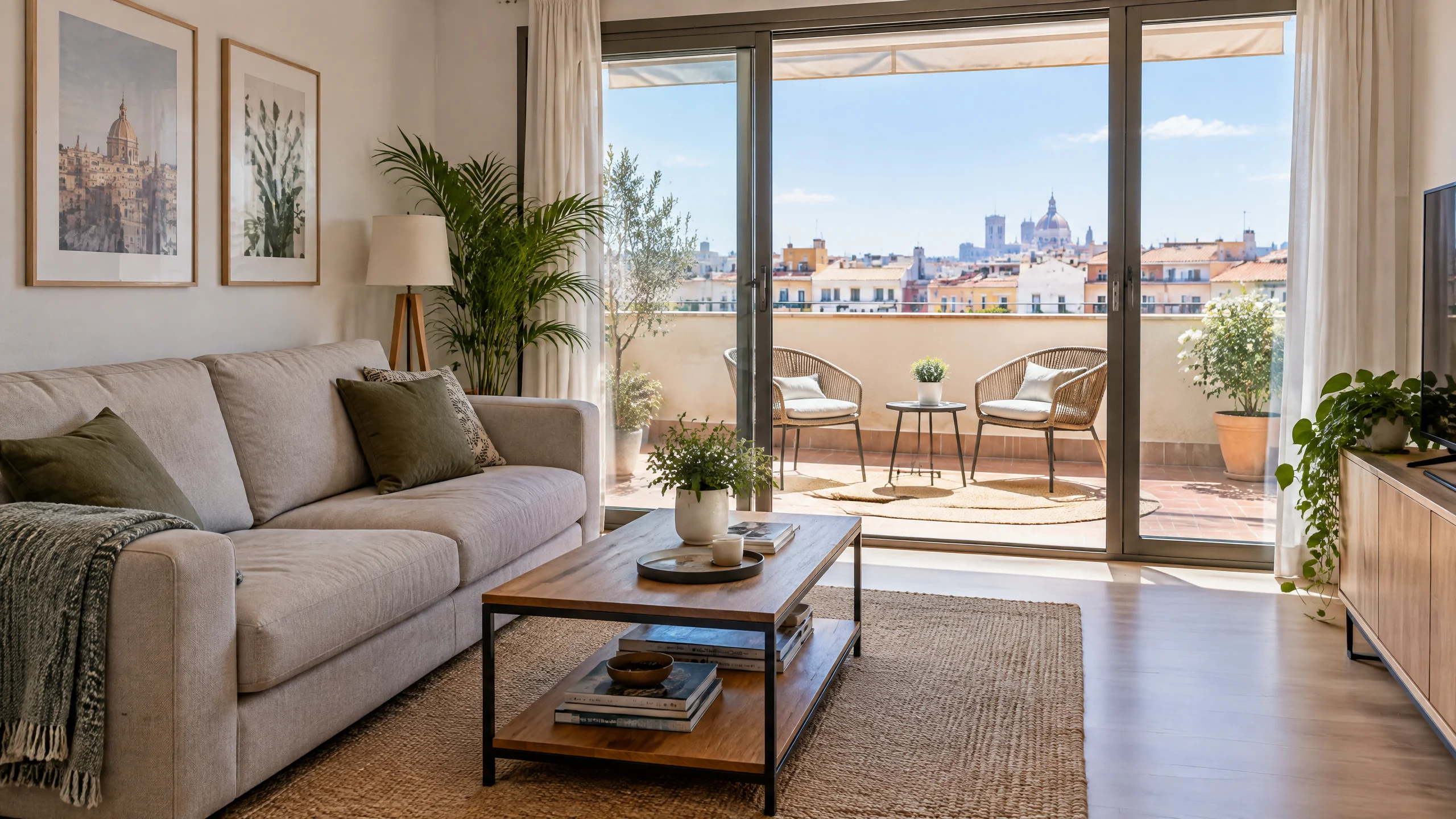 Salón luminoso conectado a una terraza en Madrid